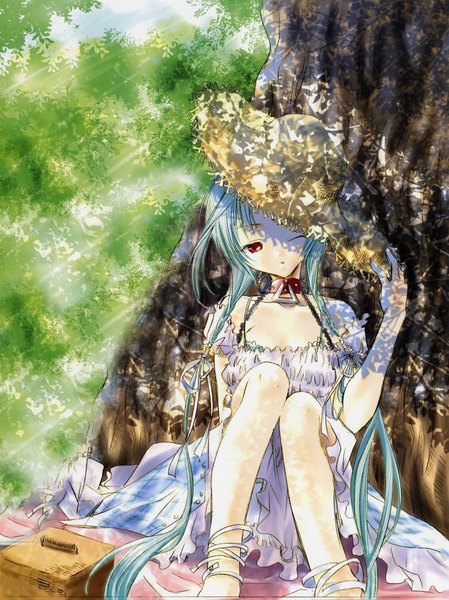Anime picture 1497x2000 with dears ren (dears) single long hair tall image highres red eyes one eye closed wink aqua hair legs girl dress plant (plants) hat tree (trees) white dress collar straw hat