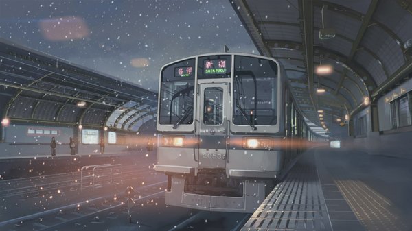 Anime picture 1920x1080 with 5 centimeters per second shinkai makoto highres short hair brown hair wide image scan night snowing winter snow cityscape no people boy scarf train train station railways