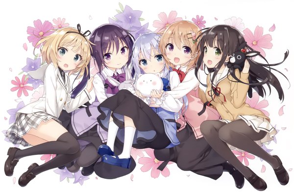 Anime picture 2097x1377 with gochuumon wa usagi desu ka? white fox kafuu chino hoto cocoa tedeza rize tippy (gochiusa) kirima sharo ujimatsu chiya anko (gochiusa) wild geese kani biimu looking at viewer blush fringe highres open mouth blue eyes black hair blonde hair smile