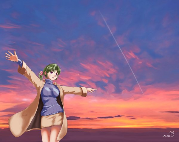 Anime picture 1280x1023 with yokohama kaidashi kikou hatsuseno alpha single short hair purple eyes looking away sky ponytail green hair open jacket dated spread arms soft beauty twilight girl skirt jacket turtleneck