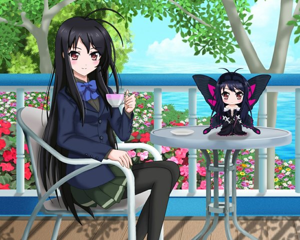 Anime picture 1098x878 with accel world sunrise (studio) kuroyukihime long hair looking at viewer blush black hair smile sitting multiple girls brown eyes sky cloud (clouds) sunlight insect wings butterfly wings girl dress uniform flower (flowers)