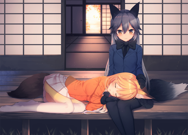 Anime picture 1113x800 with kemono friends ezo red fox (kemono friends) silver fox (kemono friends) kawami nami long hair looking at viewer blush fringe light erotic blonde hair hair between eyes sitting multiple girls animal ears bent knee (knees) tail lying eyes closed animal tail pleated skirt