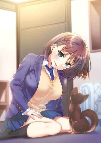 Anime picture 1052x1500 with getsuyoubi no tawawa pine jam ai-chan (tawawa) nanase meruchi tall image looking at viewer fringe short hair breasts open mouth blue eyes smile brown hair large breasts sitting indoors head tilt pleated skirt wariza girl