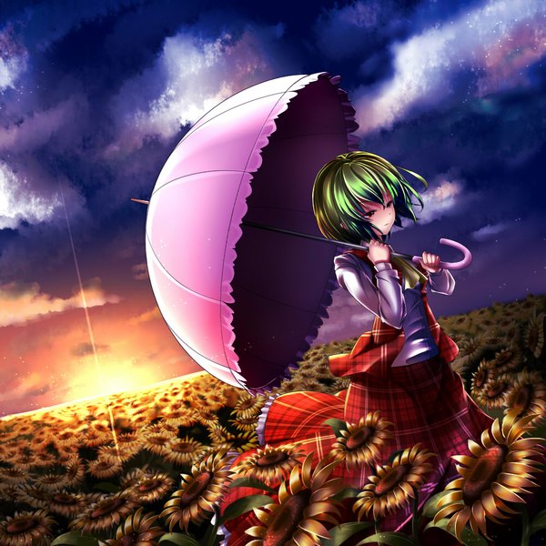 Anime picture 1000x1000 with touhou kazami yuuka janne cherry single fringe short hair standing holding looking away sky cloud (clouds) green hair evening sunset horizon frilly skirt field girl skirt flower (flowers)