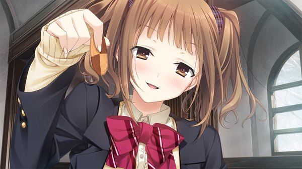 Anime picture 1280x720 with kiss bell giga nagatsuda yumi blush short hair open mouth smile brown hair wide image brown eyes game cg girl uniform school uniform sweater cookie (cookies)