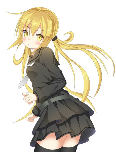 Anime picture 800x1040 with kantai collection satsuki destroyer ro-ichi single long hair tall image looking at viewer blush simple background blonde hair smile white background twintails yellow eyes low twintails girl thighhighs uniform black thighhighs serafuku
