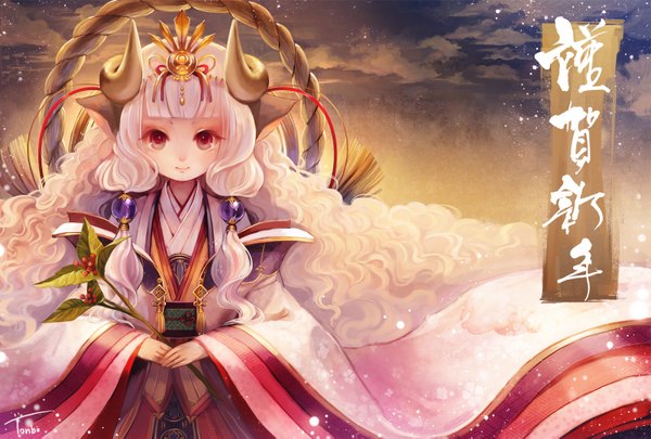 Anime picture 1500x1013 with original aka tonbo (lovetow) single long hair red eyes animal ears cloud (clouds) white hair very long hair traditional clothes horn (horns) wavy hair new year nengajou girl hair ornament