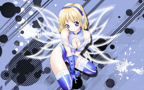 Anime picture 1280x800 with blue eyes light erotic wide image cleavage girl thighhighs gloves wings headphones