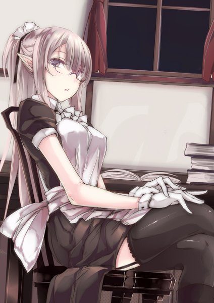 Anime picture 884x1250 with original touma raito single long hair tall image looking at viewer blush fringe breasts open mouth sitting purple eyes bent knee (knees) ponytail pointy ears maid crossed legs girl gloves uniform