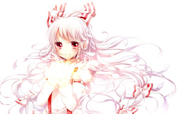 Anime picture 1500x942 with touhou fujiwara no mokou sanotsuki single long hair looking at viewer simple background smile white background silver hair upper body white hair pink eyes puffy sleeves tears crying girl bow ribbon (ribbons) hair bow