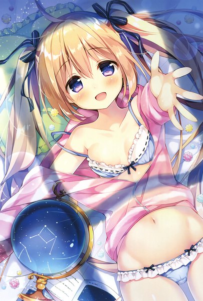 Anime picture 2367x3500 with melonbooks suimya single long hair tall image looking at viewer blush fringe highres breasts open mouth light erotic blonde hair hair between eyes purple eyes twintails ahoge lying scan shadow