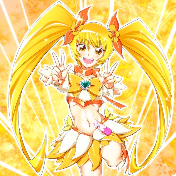 Anime picture 1200x1200 with precure heartcatch precure! toei animation myoudouin itsuki cure sunshine suzaku4752 single long hair blush open mouth blonde hair twintails yellow eyes midriff victory girl navel