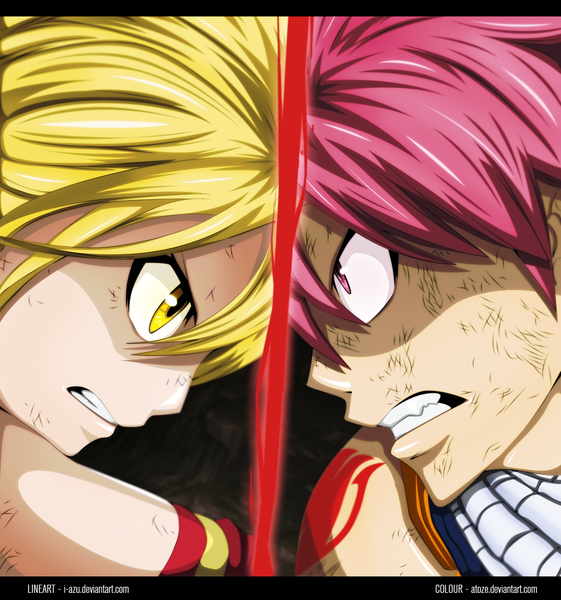 Anime picture 1024x1094 with fairy tail lucy heartfilia natsu dragneel atoze tall image short hair blonde hair yellow eyes pink hair profile pink eyes tattoo grin coloring close-up face angry manga boy scarf