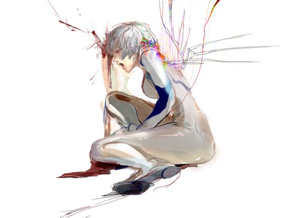 Anime picture 1811x1305 with neon genesis evangelion gainax ayanami rei 8981 single highres short hair open mouth red eyes white background white hair crying abstract girl blood pilot suit