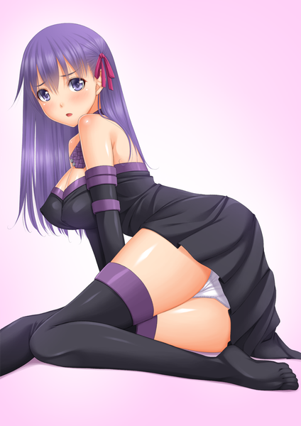 Anime picture 744x1052 with fate (series) fate/stay night type-moon matou sakura chiro (pixiv) single long hair tall image blush open mouth light erotic purple eyes purple hair girl thighhighs dress gloves underwear panties black thighhighs