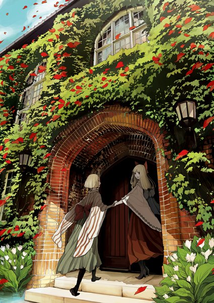 Anime picture 724x1023 with original isuzu (pixiv) long hair tall image short hair blonde hair standing holding sky traditional clothes from behind shadow back holding hands happy flower (flowers) bow plant (plants) hair bow petals