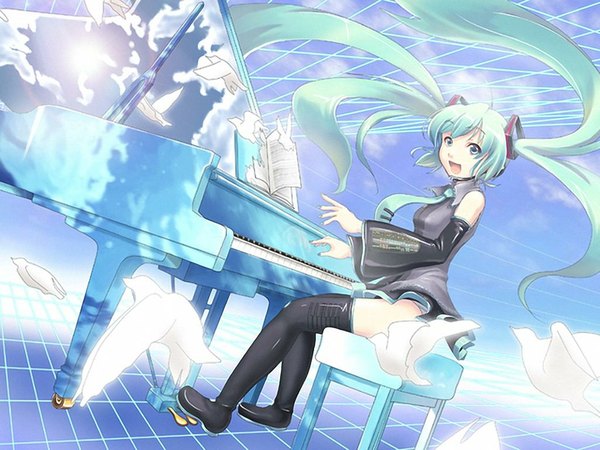 Anime picture 1024x768 with vocaloid hatsune miku long hair twintails sky green hair thighs reversed girl thighhighs animal bird (birds) musical instrument piano grand piano