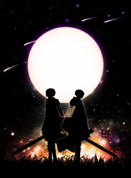 Anime picture 1140x1543 with shingeki no kyojin production i.g eren yaeger levi (rivaille) harada miyuki tall image short hair multiple boys silhouette abstract meteor rain boy uniform weapon plant (plants) sword boots moon star (stars) cape