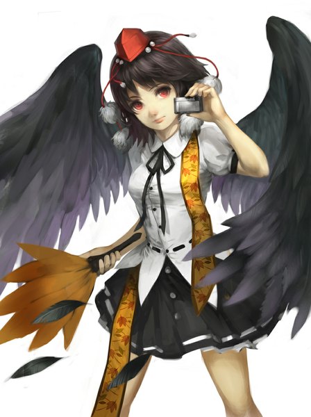 Anime picture 800x1070 with touhou shameimaru aya youshun (naturaljuice) tall image fringe short hair breasts simple background red eyes brown hair standing white background holding looking away pleated skirt black wings girl skirt ribbon (ribbons) shirt