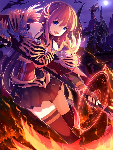 Anime picture 600x800 with original riki-to long hair tall image fringe open mouth blonde hair hair between eyes purple eyes pleated skirt night night sky magic mountain fantasy girl thighhighs skirt weapon black thighhighs