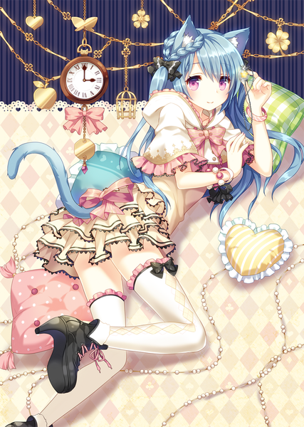 Anime picture 981x1378 with original narinn single long hair tall image looking at viewer purple eyes animal ears blue hair tail animal tail cat ears cat girl cat tail girl thighhighs dress white thighhighs frills clock