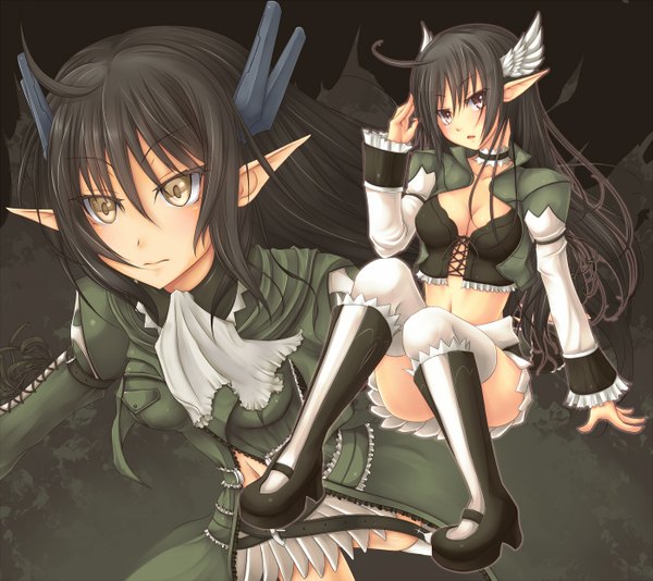 Anime picture 1400x1248 with shining (series) shining wind xecty ein shintani tsushiya long hair looking at viewer fringe breasts black hair hair between eyes large breasts sitting yellow eyes payot cleavage ahoge long sleeves arm up pointy ears arm support