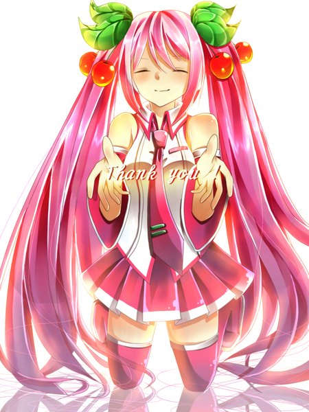 Anime picture 1536x2048 with vocaloid hatsune miku sakura miku mayu0902 single tall image blush twintails bare shoulders pink hair eyes closed very long hair girl thighhighs detached sleeves miniskirt necktie food berry (berries) cherry