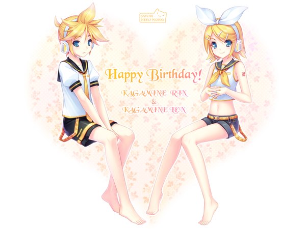 Anime picture 1600x1200 with vocaloid kagamine rin kagamine len sayori short hair blue eyes blonde hair girl ribbon (ribbons)