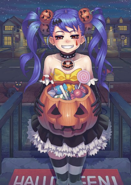Anime picture 795x1125 with original gonster single long hair tall image looking at viewer blush smile red eyes twintails bare shoulders blue hair teeth facial mark halloween street girl thighhighs dress gloves