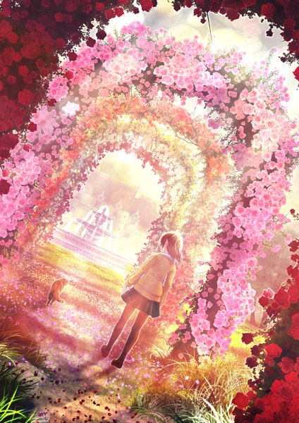 Anime picture 868x1228 with original kun52 single tall image short hair brown hair full body outdoors pleated skirt from behind sunlight dutch angle walking girl skirt flower (flowers) plant (plants) animal petals tree (trees)