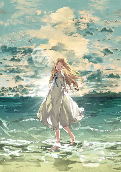 Anime picture 700x990 with omoide no marnie studio ghibli marnie asakurasyun single long hair tall image blonde hair sky cloud (clouds) eyes closed barefoot bare legs evening happy sunset hands behind back horizon walking girl