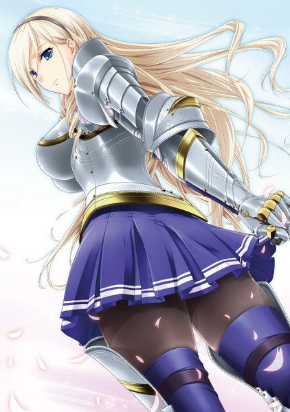 Anime picture 1764x2508 with walkure romanze celia kumani entory no.gomes single long hair tall image highres breasts blue eyes light erotic blonde hair girl skirt petals pantyhose hairband armor