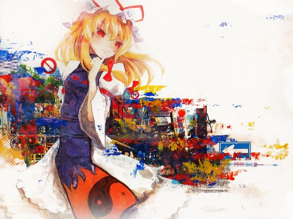 Anime picture 1500x1120 with touhou yakumo yukari nanashina (artist) single long hair blush blonde hair smile red eyes white background looking away finger to mouth girl bonnet traffic sign