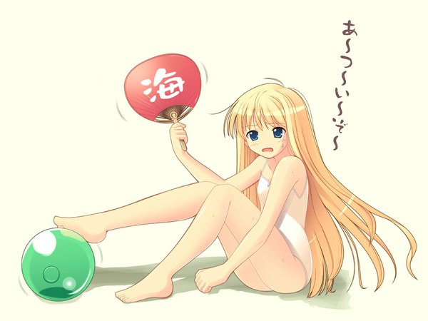Anime picture 1024x768 with mahou sensei negima! evangeline a k mcdowell light erotic ahoge barefoot swimsuit fan beachball