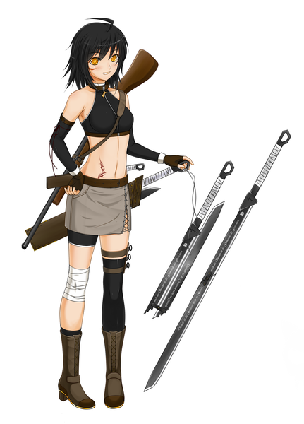 Anime picture 1150x1600 with midnight (artist) single tall image blush short hair black hair simple background white background yellow eyes girl gloves weapon gun