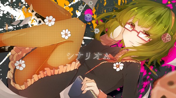 Anime picture 1600x900 with vocaloid gumi itamidome single wide image green eyes green hair girl flower (flowers) pantyhose glasses paper pen notebook dice