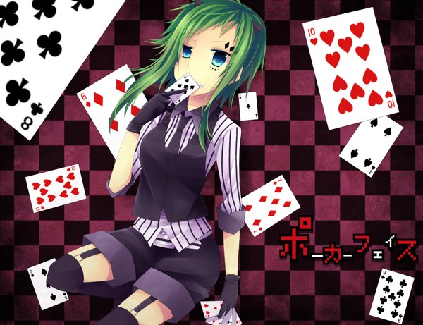Anime picture 2000x1538 with vocaloid poker face (vocaloid) gumi konase (non stop!) single highres blue hair horn (horns) green hair twisty sleeves checkered background girl thighhighs gloves shirt necktie shorts garter straps vest card (cards)