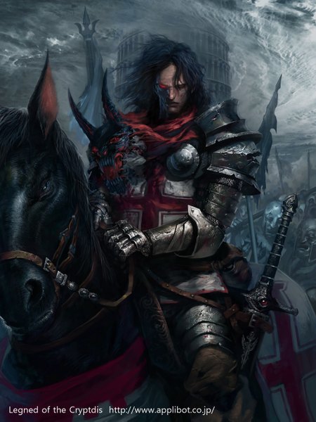 Anime picture 1000x1333 with legend of the cryptids rupid79 (artist) single long hair tall image black hair red eyes sitting black eyes realistic heterochromia boy weapon animal sword armor horse