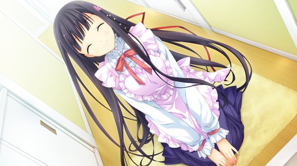 Anime picture 2560x1440 with kanojo to ore to koibito to mihagino ayano marui (koedame) long hair highres black hair smile wide image game cg eyes closed girl apron