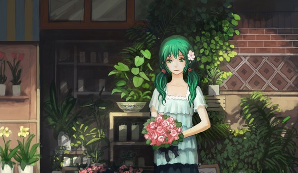 Anime picture 1600x930 with vocaloid hatsune miku single long hair wide image green eyes hair flower green hair girl hair ornament flower (flowers) plant (plants) bouquet