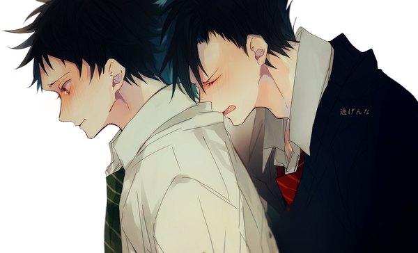 Anime picture 941x572 with haikyuu!! production i.g kuroo tetsurou akaashi keiji hanamori blush short hair open mouth black hair simple background red eyes wide image white background upper body eyes closed profile multiple boys shounen ai boy uniform