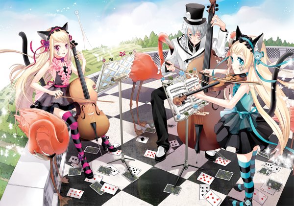 Anime picture 1200x843 with alice in wonderland sound horizon hortense violette hiver laurant cocoon (loveririn) long hair blue eyes blonde hair animal ears pink eyes cat girl loli tattoo heterochromia lolita fashion twins crossover band girl