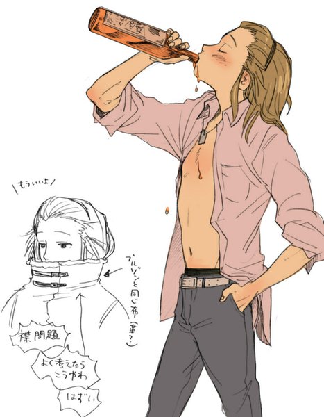 Anime picture 662x850 with uchouten kazoku p.a. works shimogamo yajirou zkakq single long hair tall image blush simple background brown hair white background eyes closed profile open shirt text hand in pocket twisty sleeves sketch drinking boy