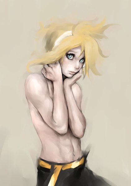 Anime picture 845x1200 with vocaloid kagamine len genk single tall image short hair blue eyes simple background blonde hair topless hands on face shirtless boy headphones