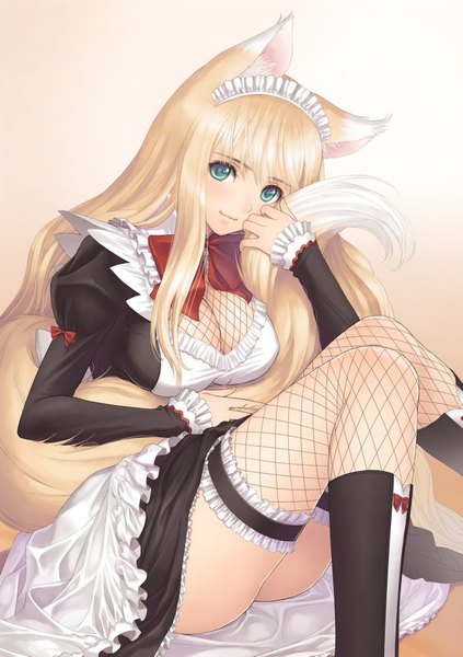 Anime picture 1281x1815 with shining (series) shining hearts lorna (shining hearts) tony taka single long hair tall image looking at viewer highres blue eyes light erotic blonde hair sitting animal ears absurdres tail animal tail scan official art maid