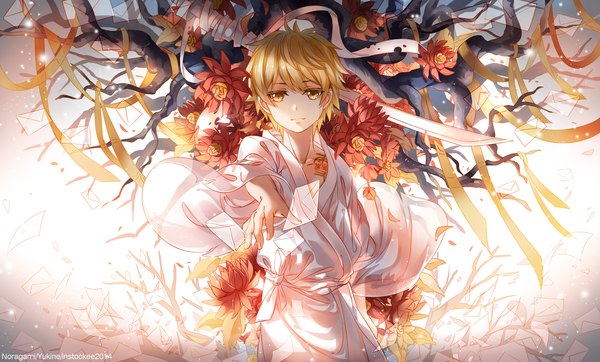 Anime picture 1500x907 with noragami studio bones yukine (noragami) instockee single looking at viewer fringe short hair blonde hair wide image yellow eyes alternate costume glow boy flower (flowers) ribbon (ribbons) weapon petals sword katana