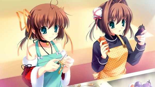 Anime picture 1024x576 with da capo asakura yume asakura nemu short hair blue eyes brown hair wide image multiple girls game cg cooking girl 2 girls