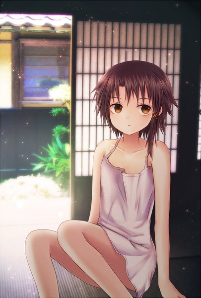 Anime picture 810x1200 with serial experiments lain iwakura lain sora (233480) single tall image short hair brown hair sitting brown eyes looking away indoors sunlight arm support girl dress white dress x hair ornament sundress room door