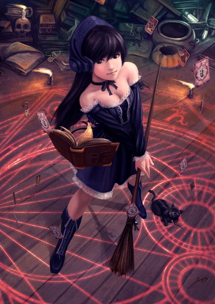 Anime picture 1240x1754 with okita long hair tall image black hair brown eyes cleavage magic witch girl dress animal boots book (books) cat skull card (cards) candle (candles) broom doll (dolls) magic circle