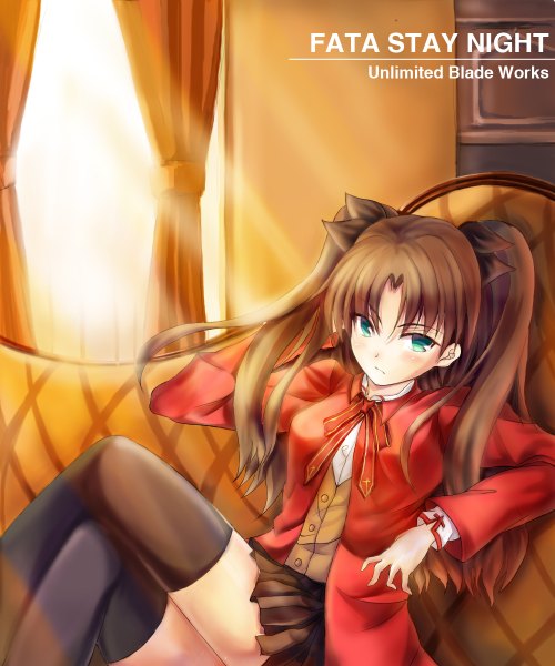 Anime picture 1000x1200 with fate (series) fate/stay night type-moon toosaka rin tolasakalin single long hair tall image looking at viewer blush fringe breasts blue eyes brown hair sitting twintails indoors pleated skirt sunlight crossed legs